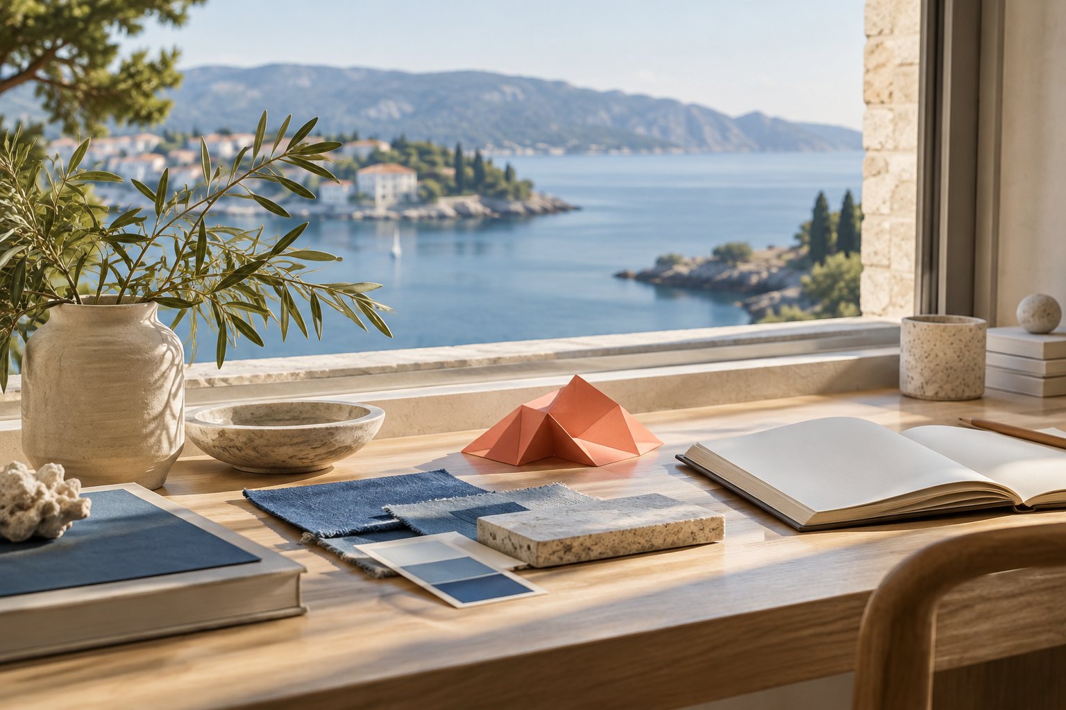 A notebook, blue materials and a coral paper object beside a sunlit coastal window.